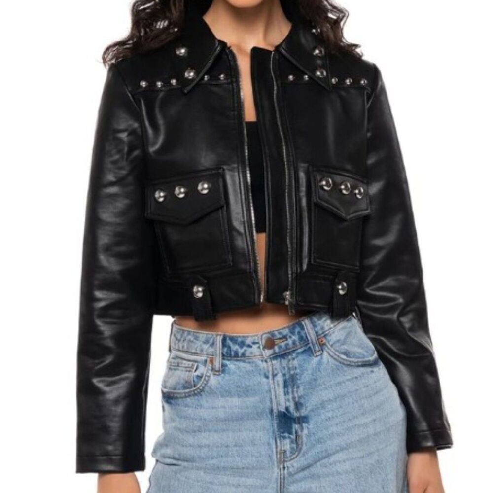 Akira La Nita Revet Black Cropped Moto Jacket - Size XL